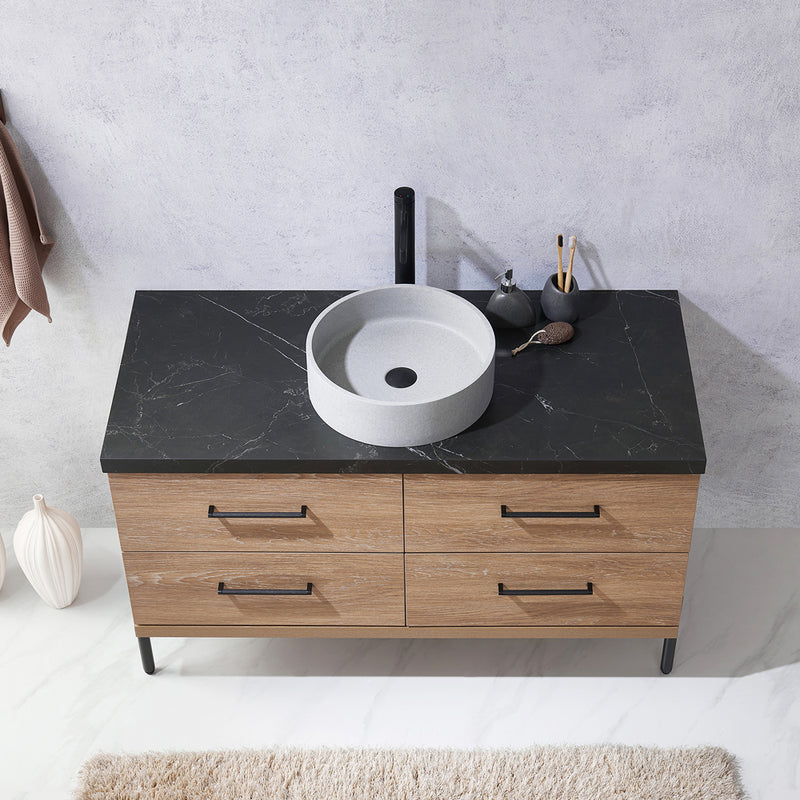 Trento 48" Single Sink-Bath Vanity in North American Oak with Black Sintered Stone Top with Circular Concrete Sink