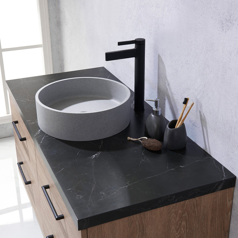 Trento 48" Single Sink-Bath Vanity in North American Oak with Black Sintered Stone Top with Circular Concrete Sink