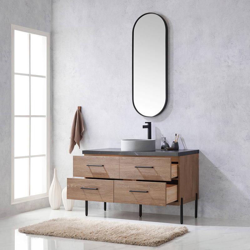 Trento 48" Single Sink-Bath Vanity in North American Oak with Black Sintered Stone Top with Circular Concrete Sink