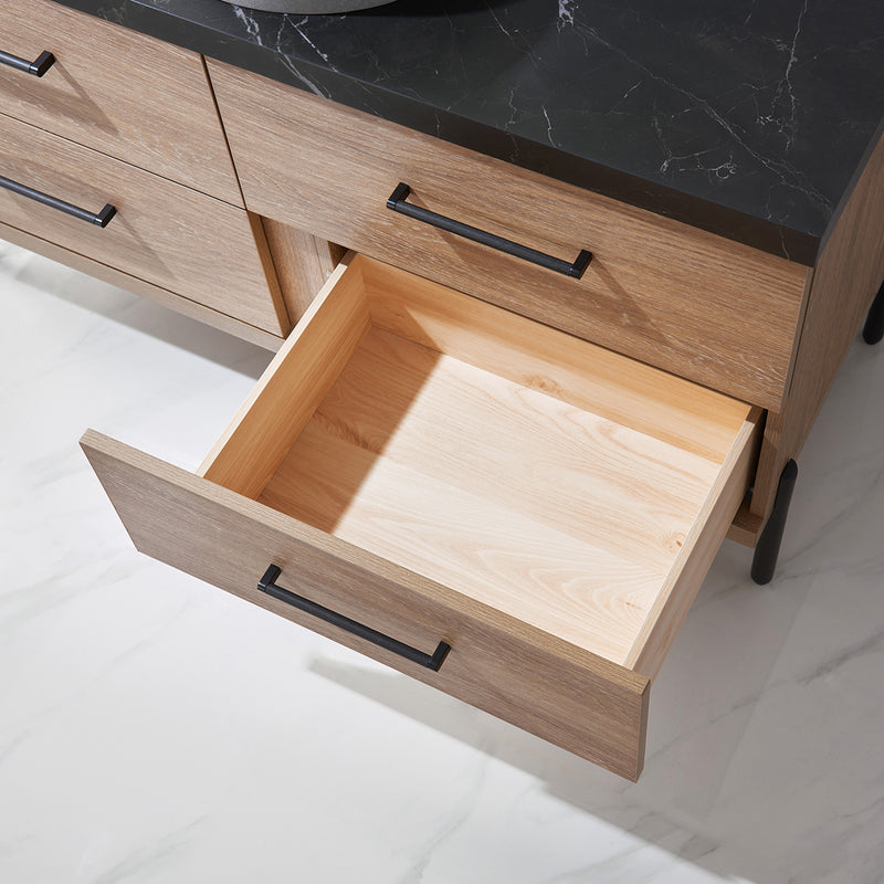 Trento 48" Single Sink-Bath Vanity in North American Oak with Black Sintered Stone Top with Circular Concrete Sink