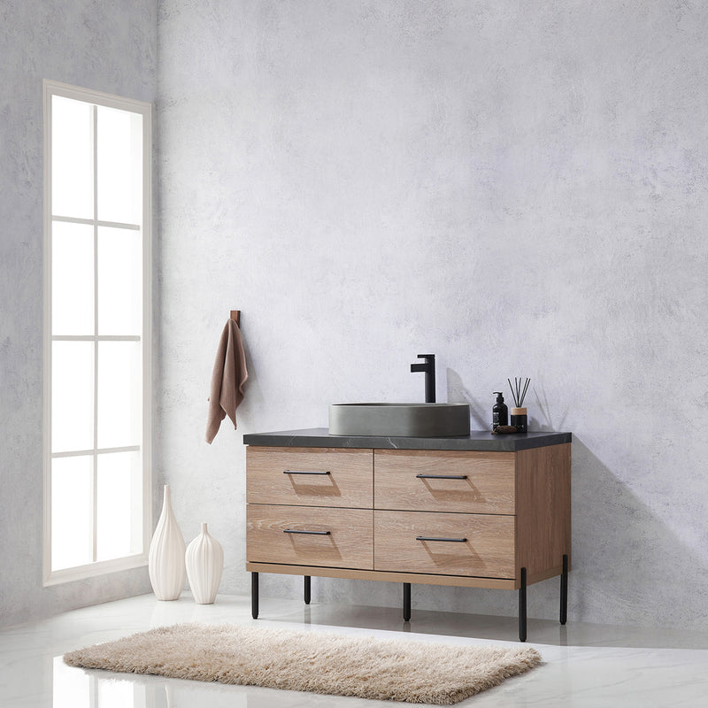 Trento 48" Single Sink-Bath Vanity in North American Oak with Black Sintered Stone Top Oval Concrete Sink