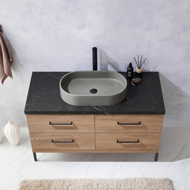 Trento 48" Single Sink-Bath Vanity in North American Oak with Black Sintered Stone Top Oval Concrete Sink