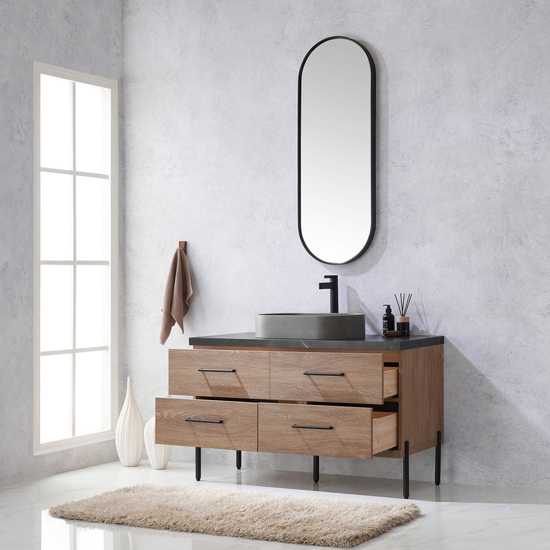 Trento 48" Single Sink-Bath Vanity in North American Oak with Black Sintered Stone Top Oval Concrete Sink