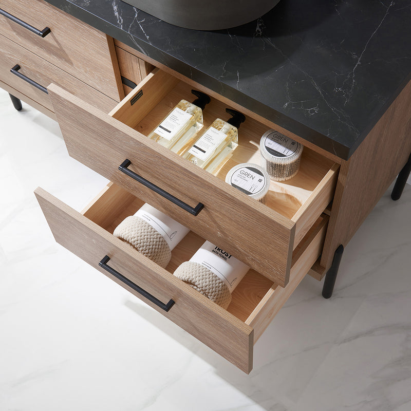 Trento 48" Single Sink-Bath Vanity in North American Oak with Black Sintered Stone Top Oval Concrete Sink