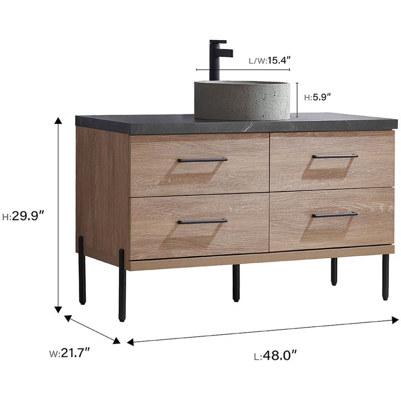 Trento 48" Single Sink-Bath Vanity in North American Oak with Black Sintered Stone Top Circular Concrete Sink