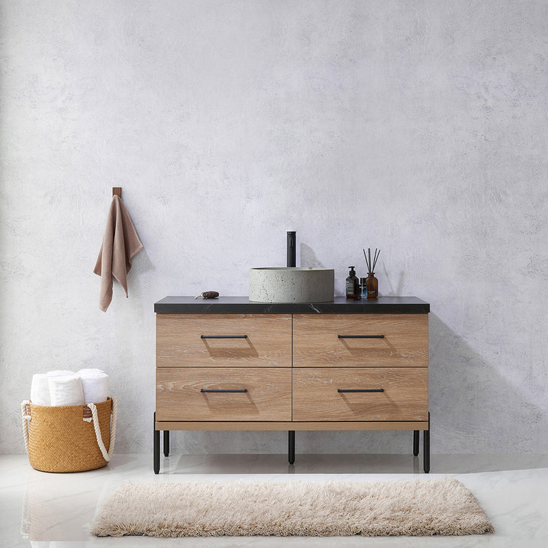 Trento 48" Single Sink-Bath Vanity in North American Oak with Black Sintered Stone Top Circular Concrete Sink