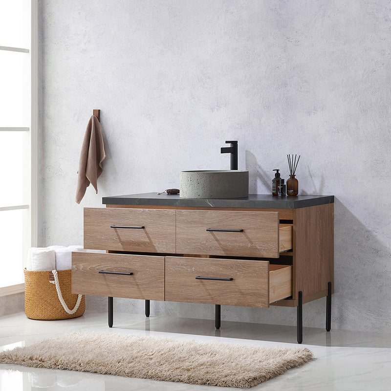 Trento 48" Single Sink-Bath Vanity in North American Oak with Black Sintered Stone Top Circular Concrete Sink