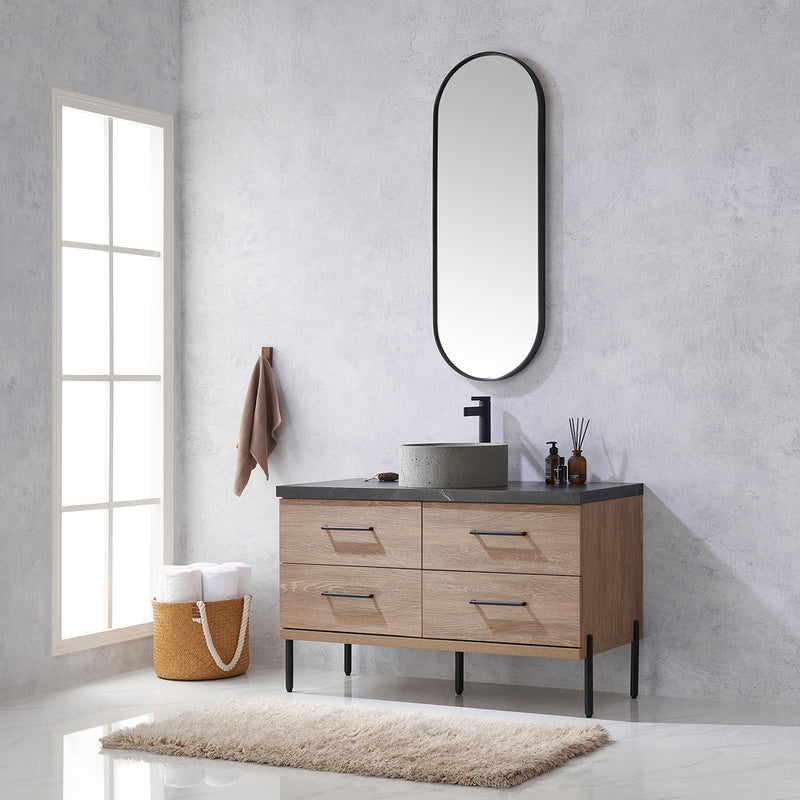 Trento 48" Single Sink-Bath Vanity in North American Oak with Black Sintered Stone Top Circular Concrete Sink