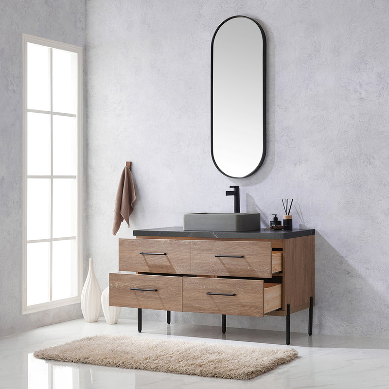 Trento 48" Single Sink-Bath Vanity in North American Oak with Black Sintered Stone Top Rectangular Concrete Sink