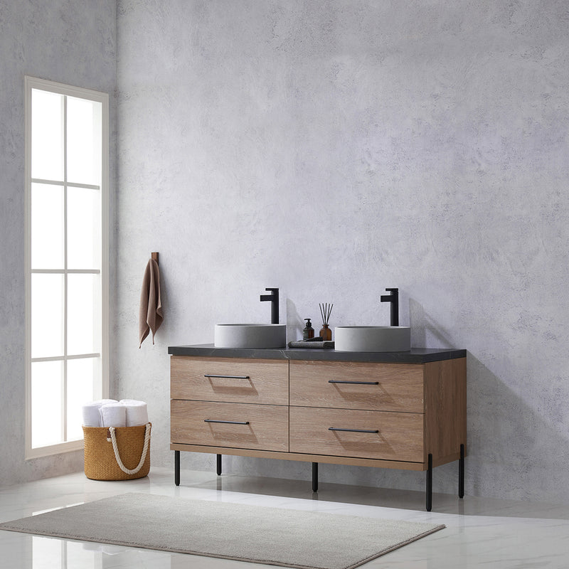 Trento 60" Double Sink-C Bath Vanity in North American Oak with Black Sintered Stone Top Circular Concrete Sink