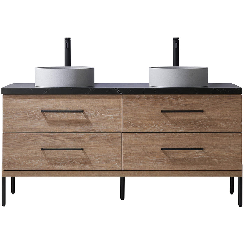 Trento 60" Double Sink-C Bath Vanity in North American Oak with Black Sintered Stone Top Circular Concrete Sink