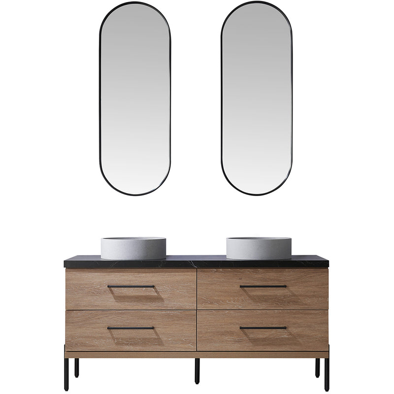 Trento 60" Double Sink-C Bath Vanity in North American Oak with Black Sintered Stone Top Circular Concrete Sink