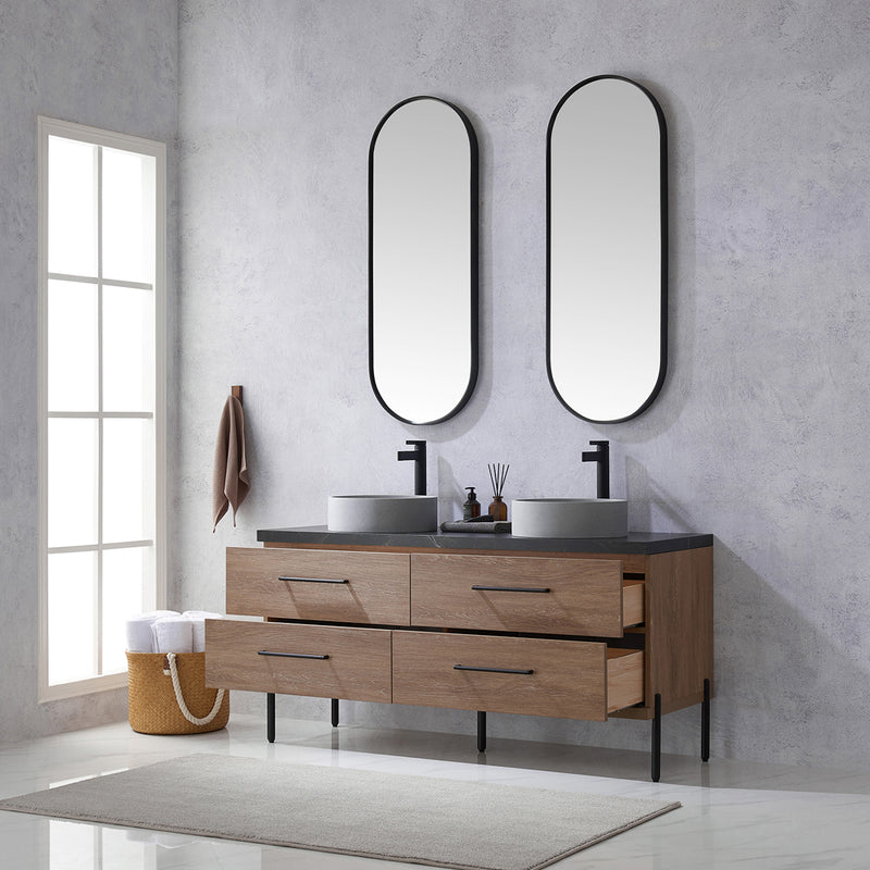 Trento 60" Double Sink-C Bath Vanity in North American Oak with Black Sintered Stone Top Circular Concrete Sink