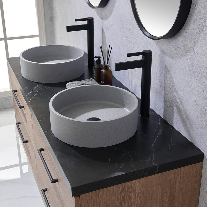 Trento 60" Double Sink-C Bath Vanity in North American Oak with Black Sintered Stone Top Circular Concrete Sink