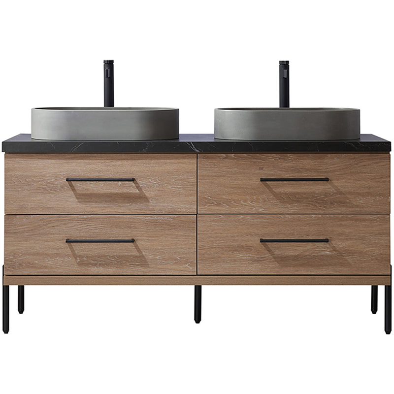 Trento 60" Double Sink-O Bath Vanity in North American Oak with Black Sintered Stone Top Oval Concrete Sink