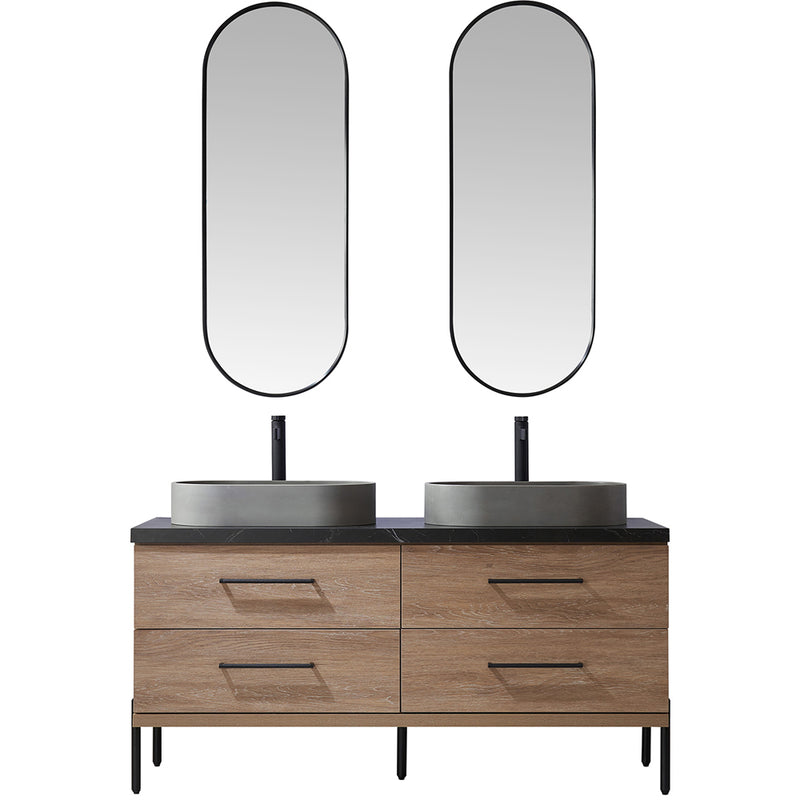 Trento 60" Double Sink-O Bath Vanity in North American Oak with Black Sintered Stone Top Oval Concrete Sink