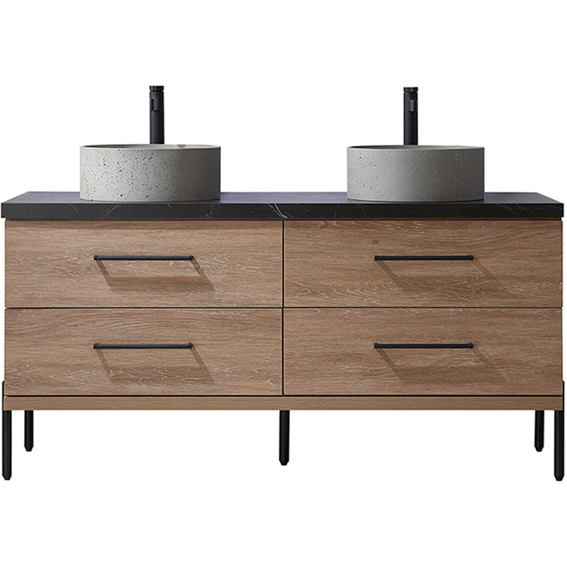 Trento 60" Double Sink-R Bath Vanity in North American Oak with Black Sintered Stone Top Circular Concrete Sink