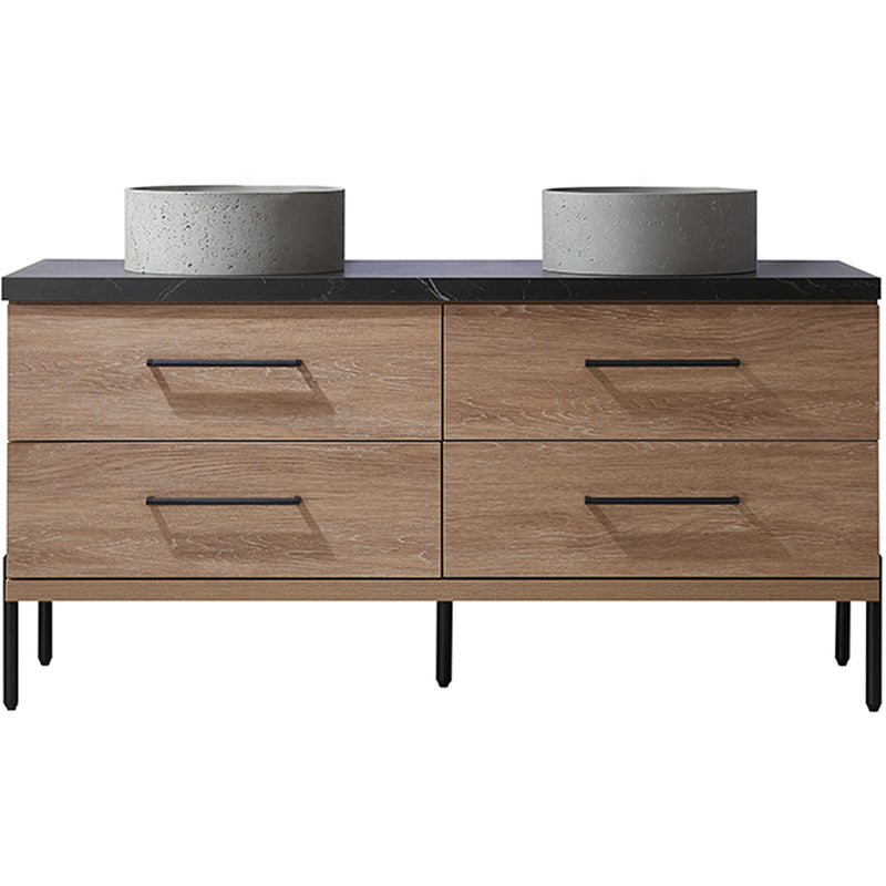 Trento 60" Double Sink-R Bath Vanity in North American Oak with Black Sintered Stone Top Circular Concrete Sink