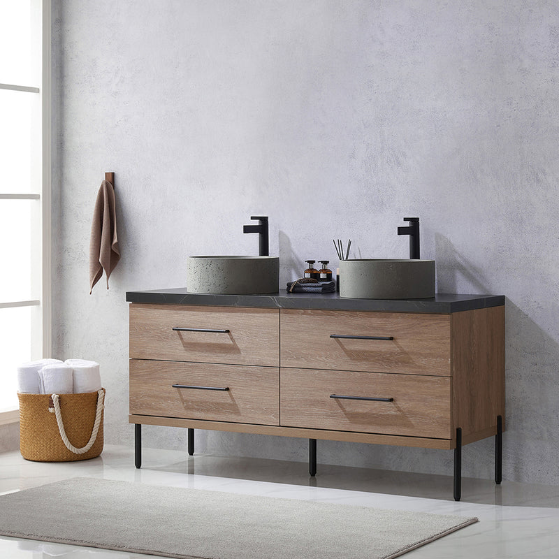 Trento 60" Double Sink-R Bath Vanity in North American Oak with Black Sintered Stone Top Circular Concrete Sink