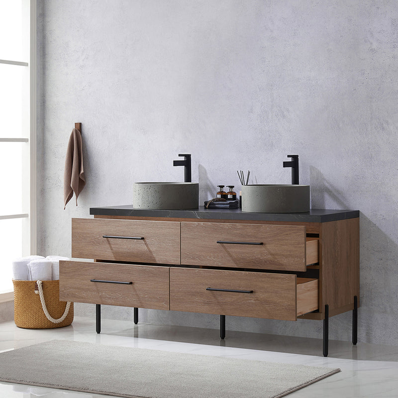 Trento 60" Double Sink-R Bath Vanity in North American Oak with Black Sintered Stone Top Circular Concrete Sink