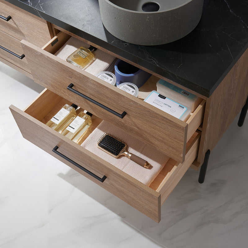 Trento 60" Double Sink-R Bath Vanity in North American Oak with Black Sintered Stone Top Circular Concrete Sink