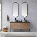 Trento 60" Double Sink-R Bath Vanity in North American Oak with Black Sintered Stone Top Circular Concrete Sink