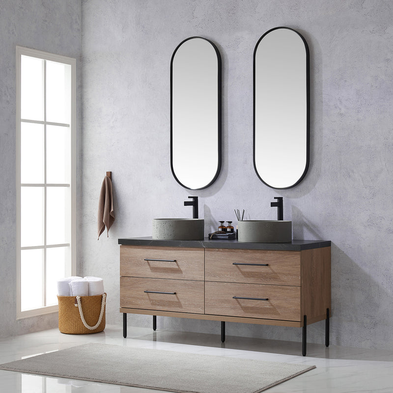 Trento 60" Double Sink-R Bath Vanity in North American Oak with Black Sintered Stone Top Circular Concrete Sink