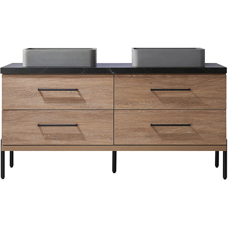 Trento 60" Double Sink-Bath Vanity in North American Oak with Black Sintered Stone Top Rectangular Concrete Sink