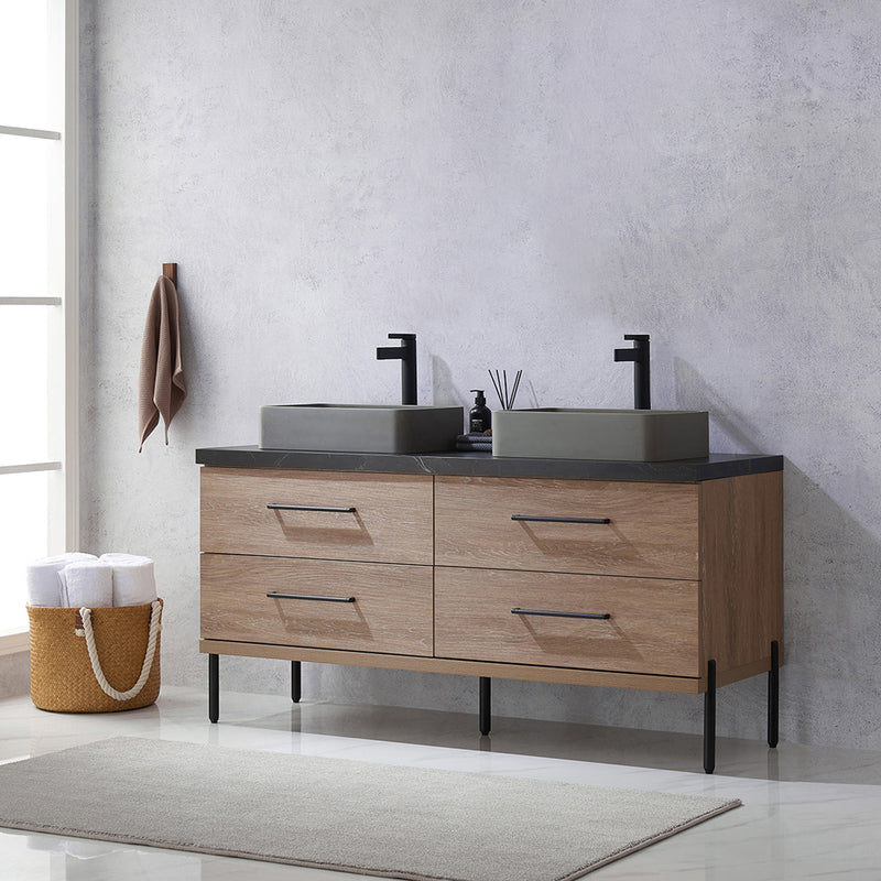 Trento 60" Double Sink-Bath Vanity in North American Oak with Black Sintered Stone Top Rectangular Concrete Sink