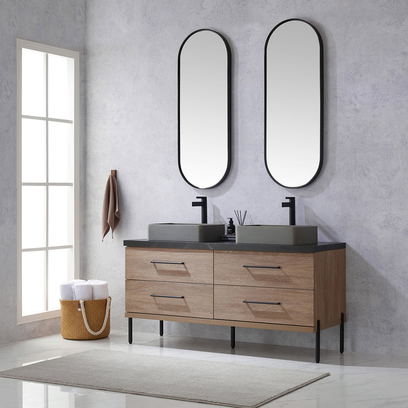 Trento 60" Double Sink-Bath Vanity in North American Oak with Black Sintered Stone Top Rectangular Concrete Sink