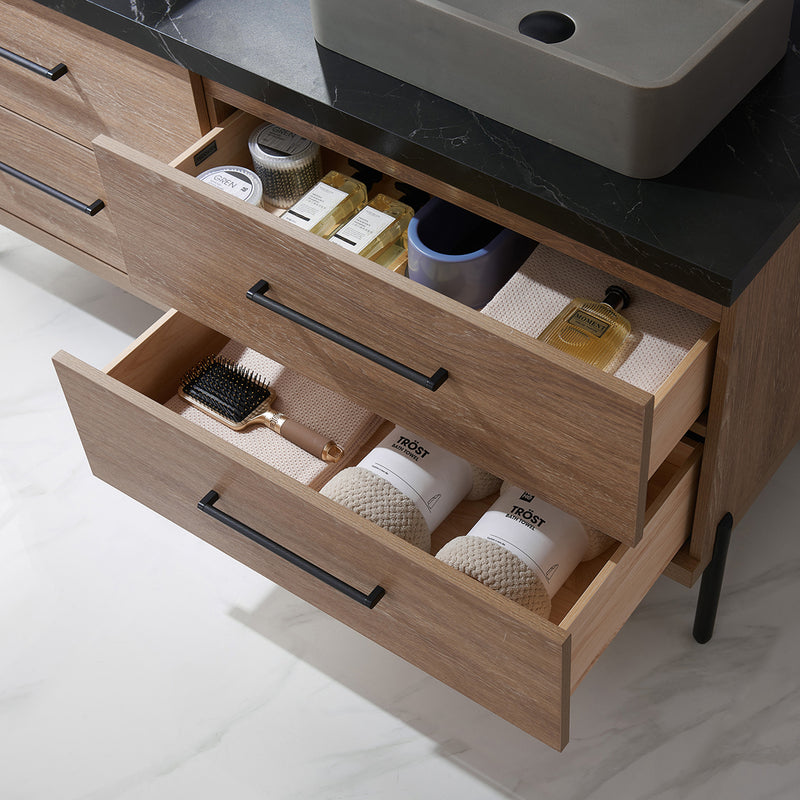 Trento 60" Double Sink-Bath Vanity in North American Oak with Black Sintered Stone Top Rectangular Concrete Sink