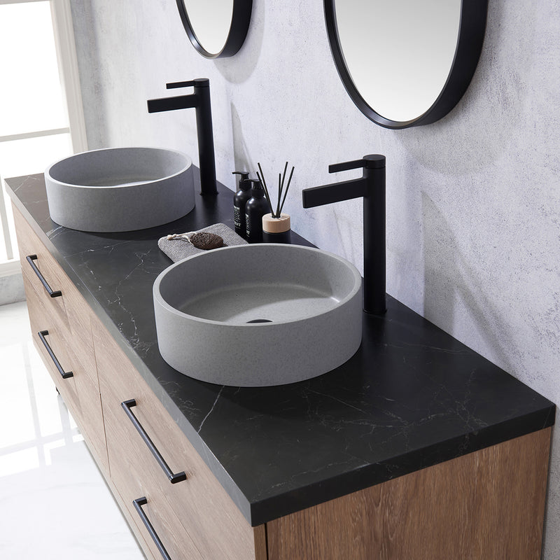 Trento 72" Double Sink-C Bath Vanity in North American Oak with Black Sintered Stone Top Circular Concrete Sink