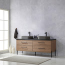 Trento 72" Double Sink-O Bath Vanity in North American Oak with Black Sintered Stone Top Oval Concrete Sink