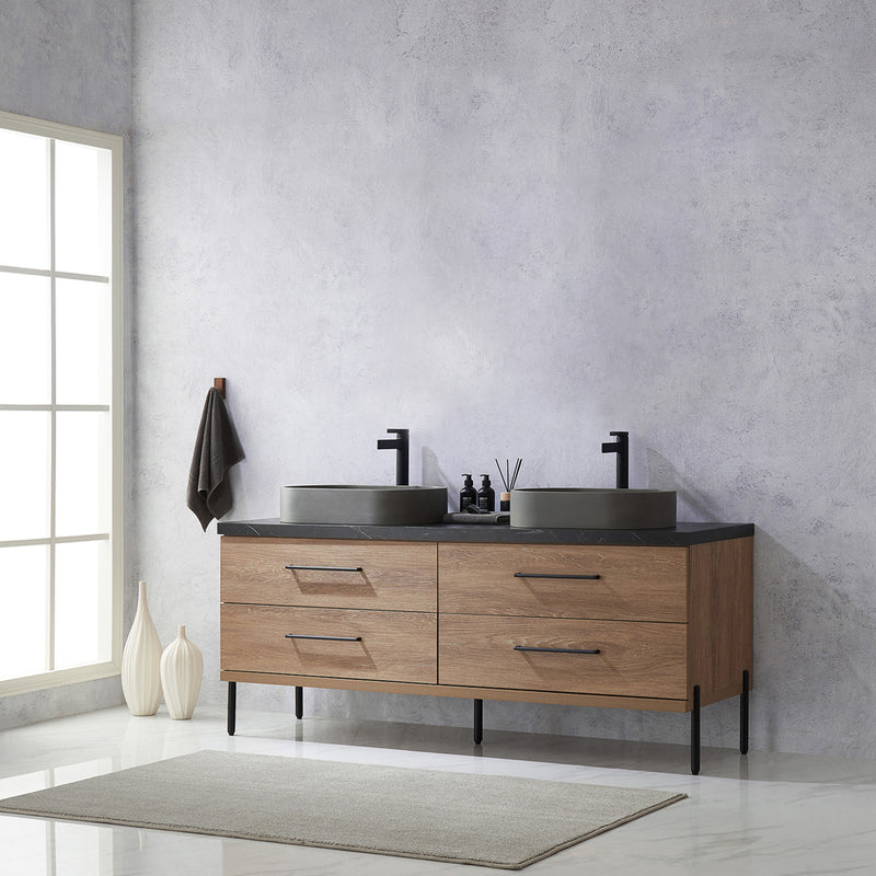 Trento 72" Double Sink-O Bath Vanity in North American Oak with Black Sintered Stone Top Oval Concrete Sink