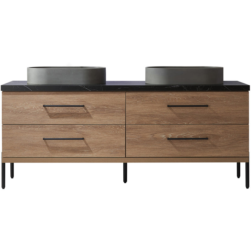 Trento 72" Double Sink-O Bath Vanity in North American Oak with Black Sintered Stone Top Oval Concrete Sink