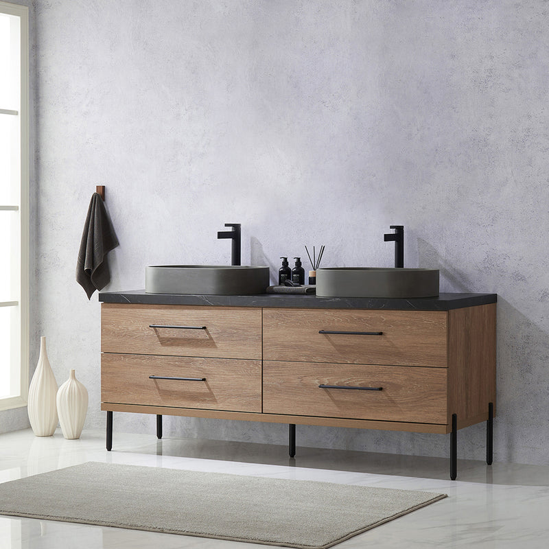 Trento 72" Double Sink-O Bath Vanity in North American Oak with Black Sintered Stone Top Oval Concrete Sink