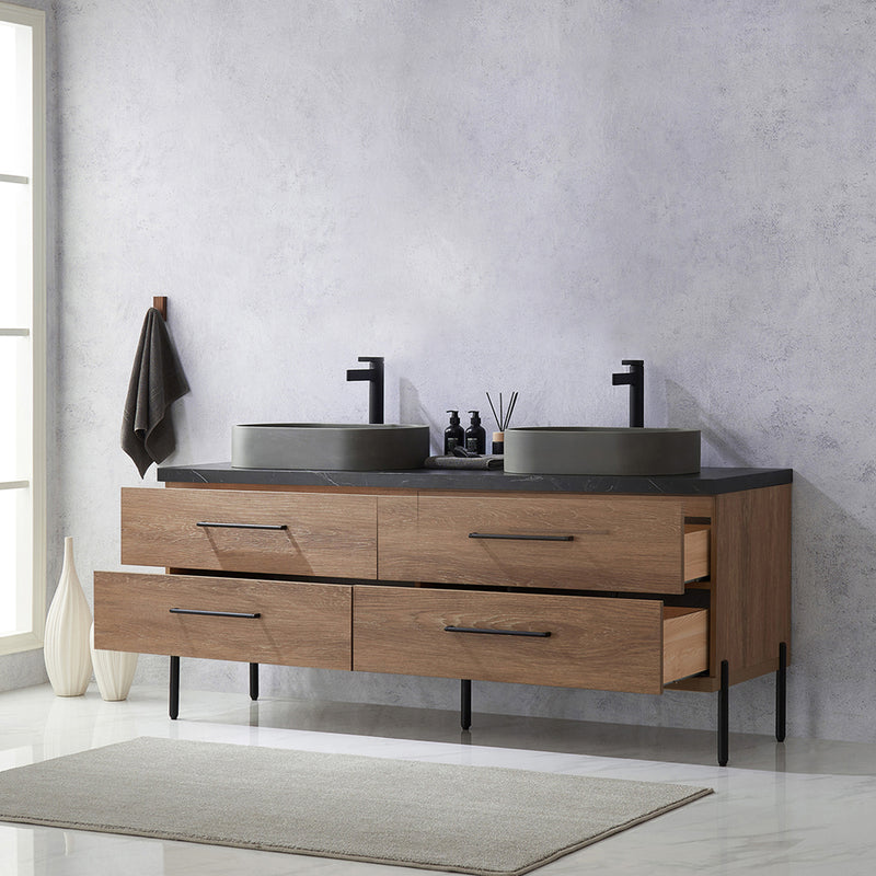 Trento 72" Double Sink-O Bath Vanity in North American Oak with Black Sintered Stone Top Oval Concrete Sink