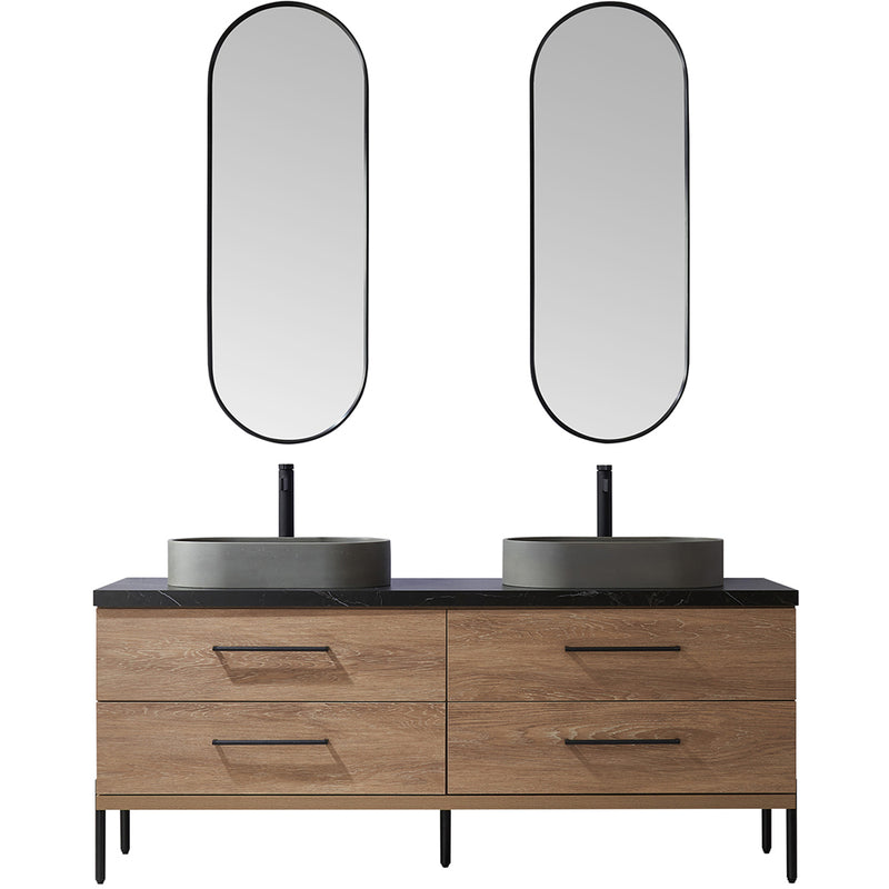 Trento 72" Double Sink-O Bath Vanity in North American Oak with Black Sintered Stone Top Oval Concrete Sink