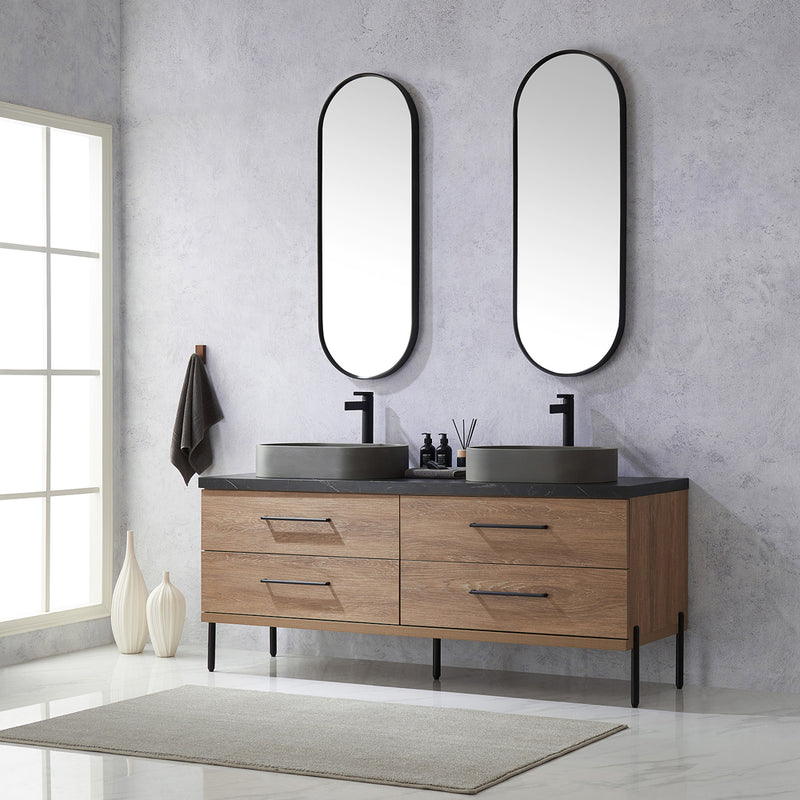 Trento 72" Double Sink-O Bath Vanity in North American Oak with Black Sintered Stone Top Oval Concrete Sink