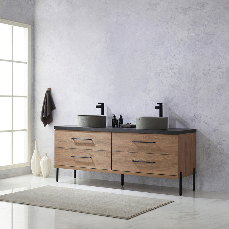 Trento 72" Double Sink-R Bath Vanity in North American Oak with Black Sintered Stone Top Circular Concrete Sink