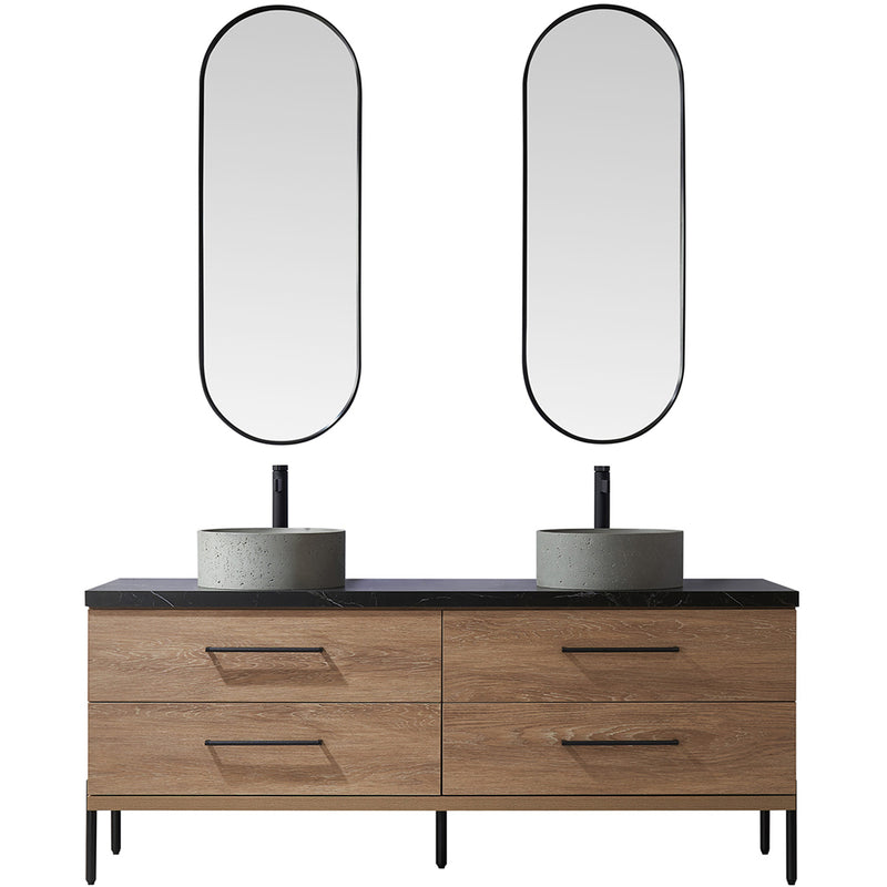 Trento 72" Double Sink-R Bath Vanity in North American Oak with Black Sintered Stone Top Circular Concrete Sink