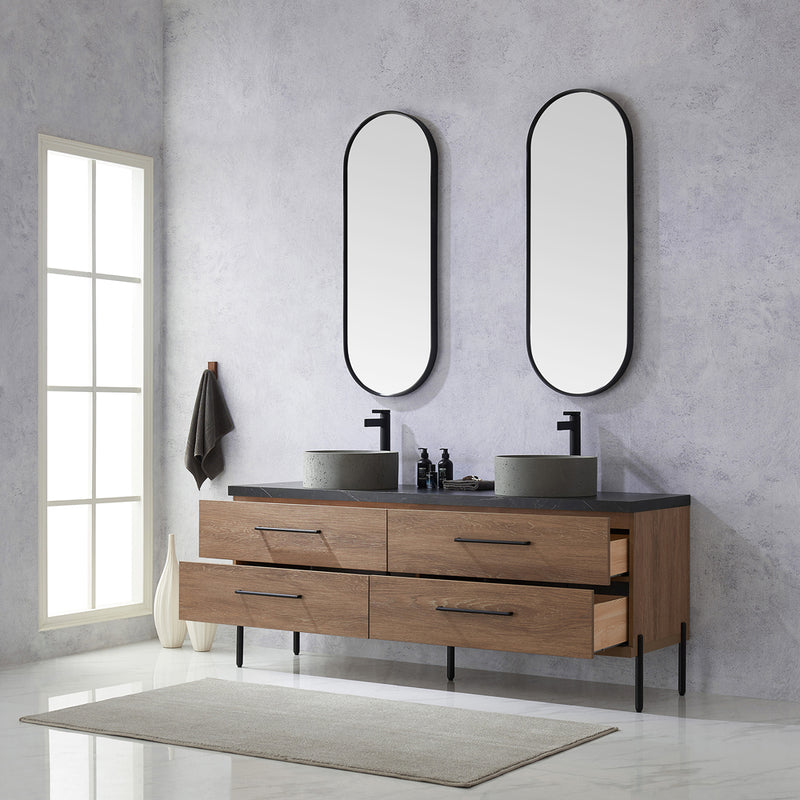 Trento 72" Double Sink-R Bath Vanity in North American Oak with Black Sintered Stone Top Circular Concrete Sink