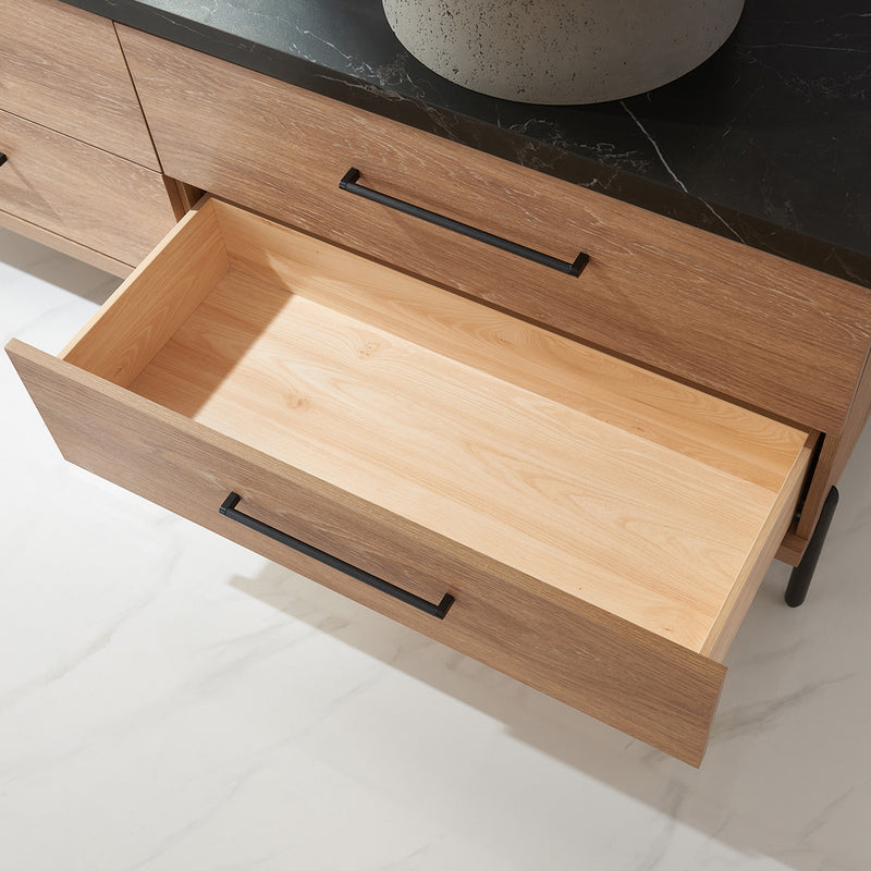 Trento 72" Double Sink-R Bath Vanity in North American Oak with Black Sintered Stone Top Circular Concrete Sink