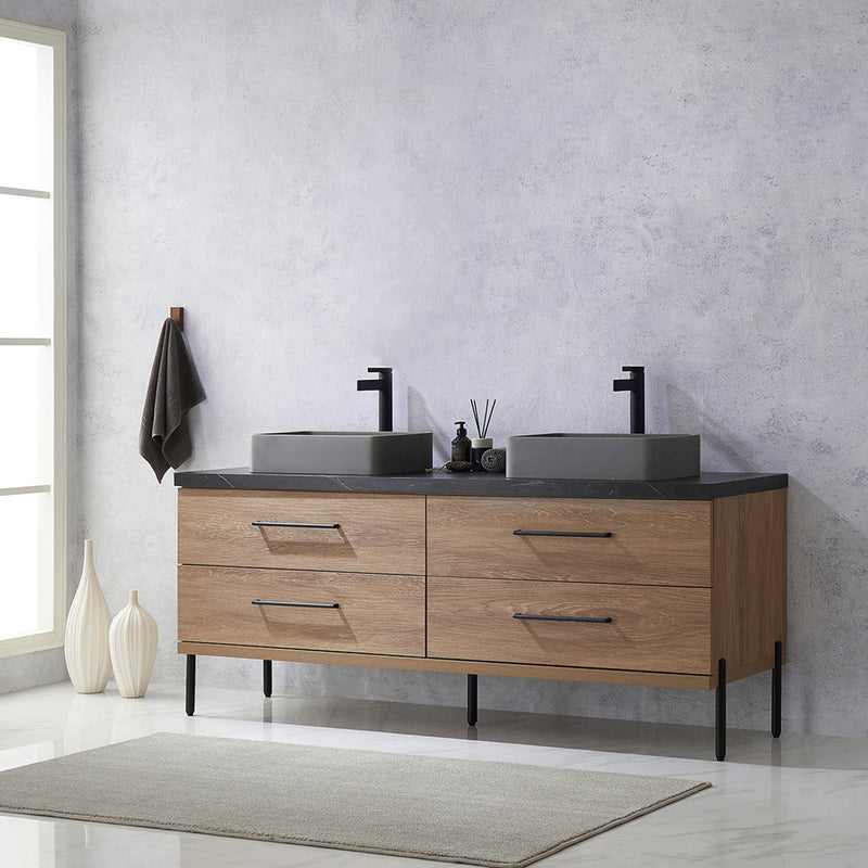 Trento 72" Double Sink-S Bath Vanity in North American Oak with Black Sintered Stone Top Rectangular Concrete Sink