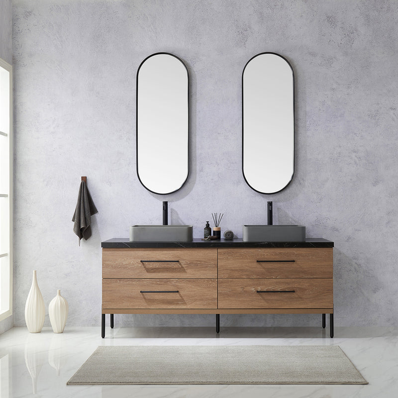 Trento 72" Double Sink-S Bath Vanity in North American Oak with Black Sintered Stone Top Rectangular Concrete Sink