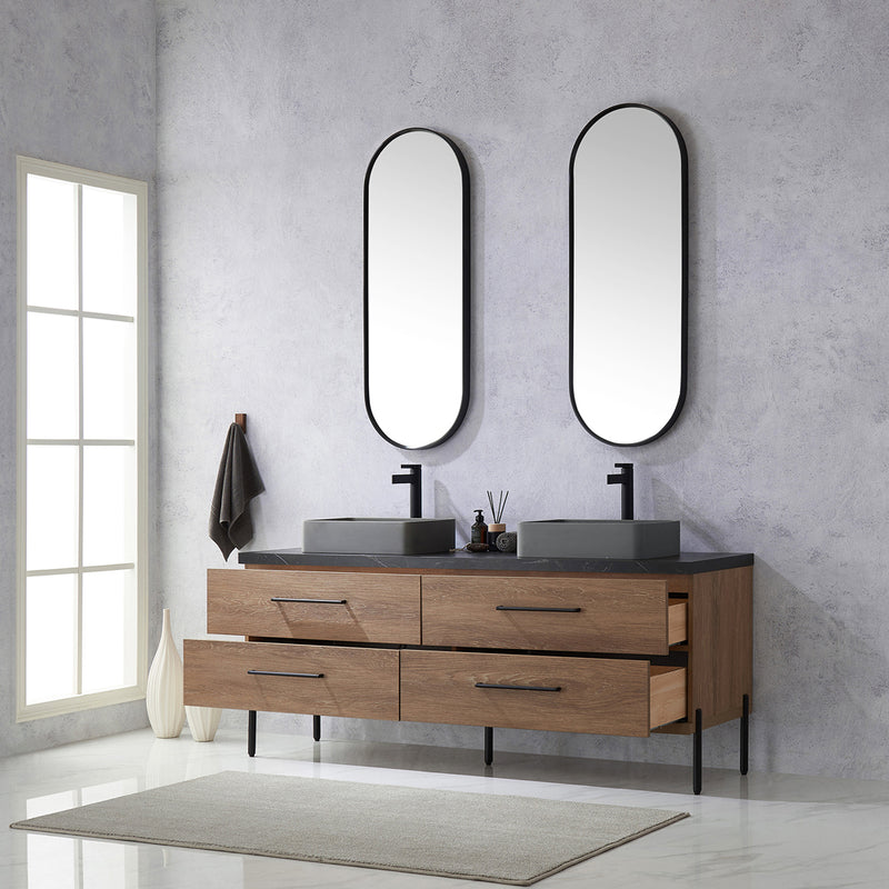 Trento 72" Double Sink-S Bath Vanity in North American Oak with Black Sintered Stone Top Rectangular Concrete Sink