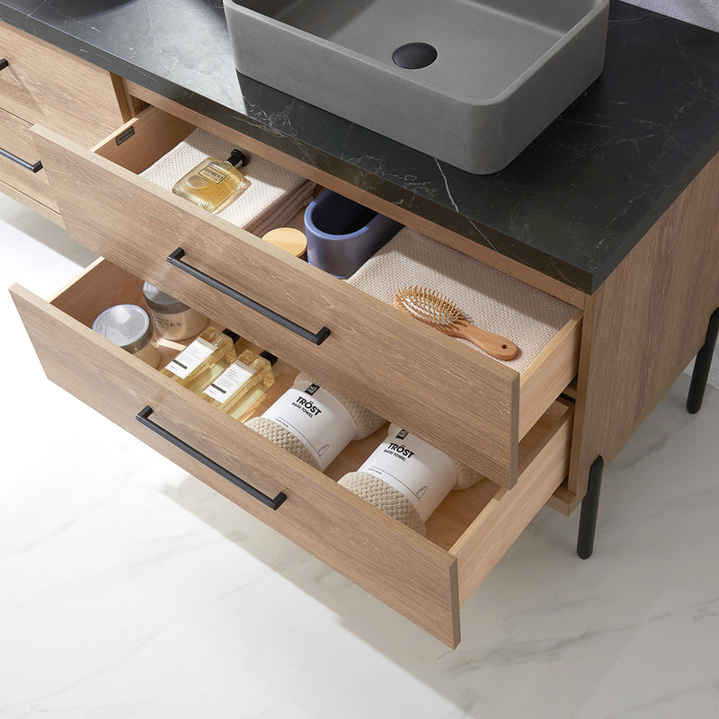 Trento 72" Double Sink-S Bath Vanity in North American Oak with Black Sintered Stone Top Rectangular Concrete Sink