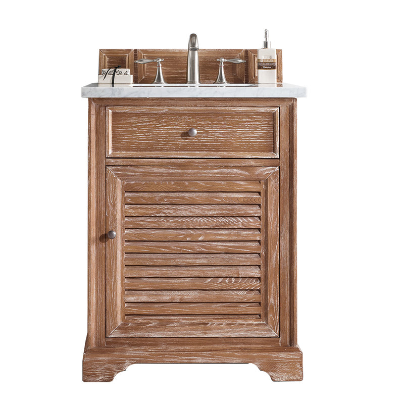 James Martin Savannah 26" Single Vanity Cabinet Driftwood with 3 cm Eternal Jasmine Pearl Quartz Top 238-104-V26-DRF-3EJP