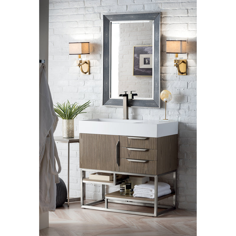 James Martin Columbia 36" Single Vanity Ash Gray with Glossy White Composite Top 388-V36-AGR-BN-GW