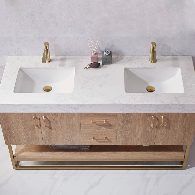 Alistair 60" Double Vanity Oak with White Grain Stone Countertop